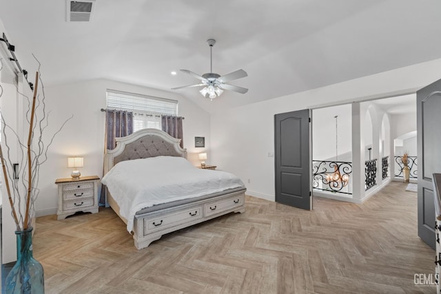 bedroom with ceiling fan, visible vents, arched walkways, vaulted ceiling, and baseboards
