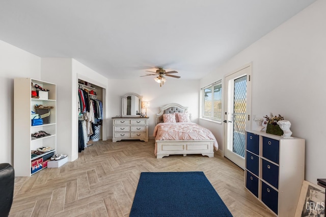 bedroom featuring a ceiling fan and a closet