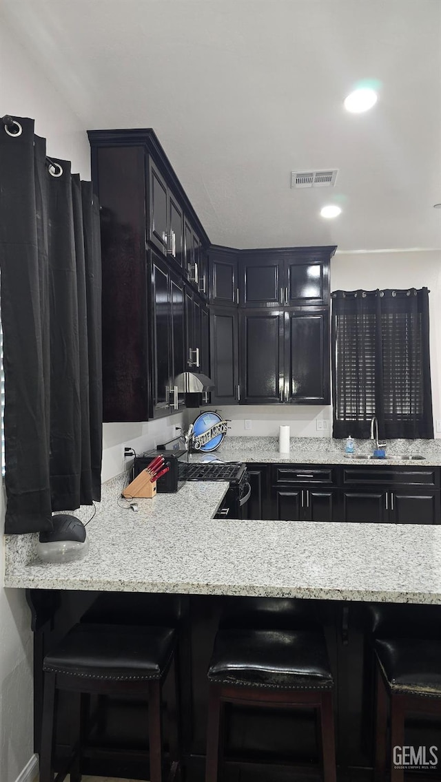 6304 Stanley St, Bakersfield, CA 93308 - kitchen featuring light stone counters, dark cabinets, visible vents, and a sink