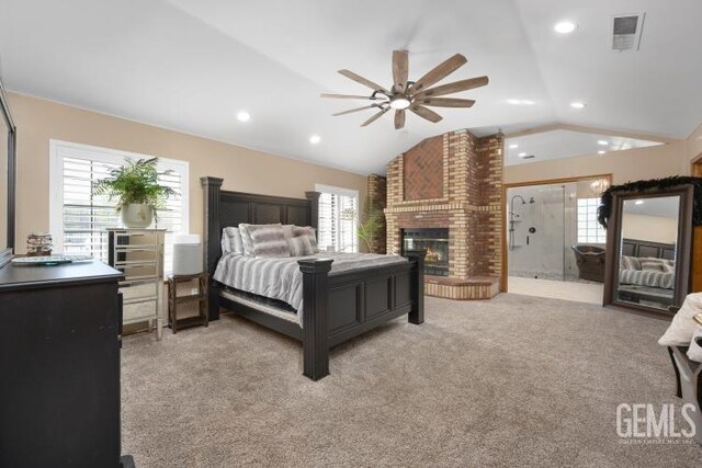 bedroom featuring light colored carpet, recessed lighting, vaulted ceiling, and visible vents