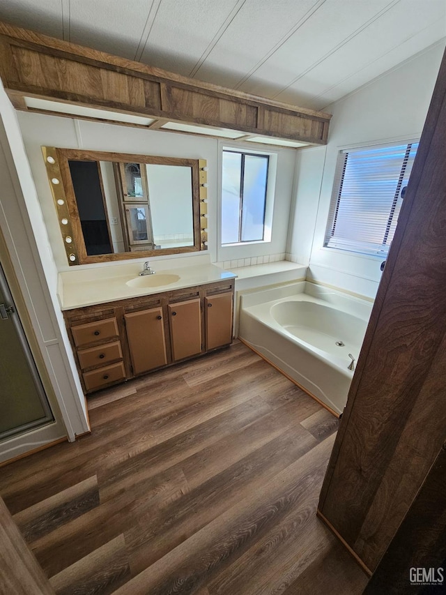 bathroom featuring hardwood / wood-style floors, vanity, and independent shower and bath