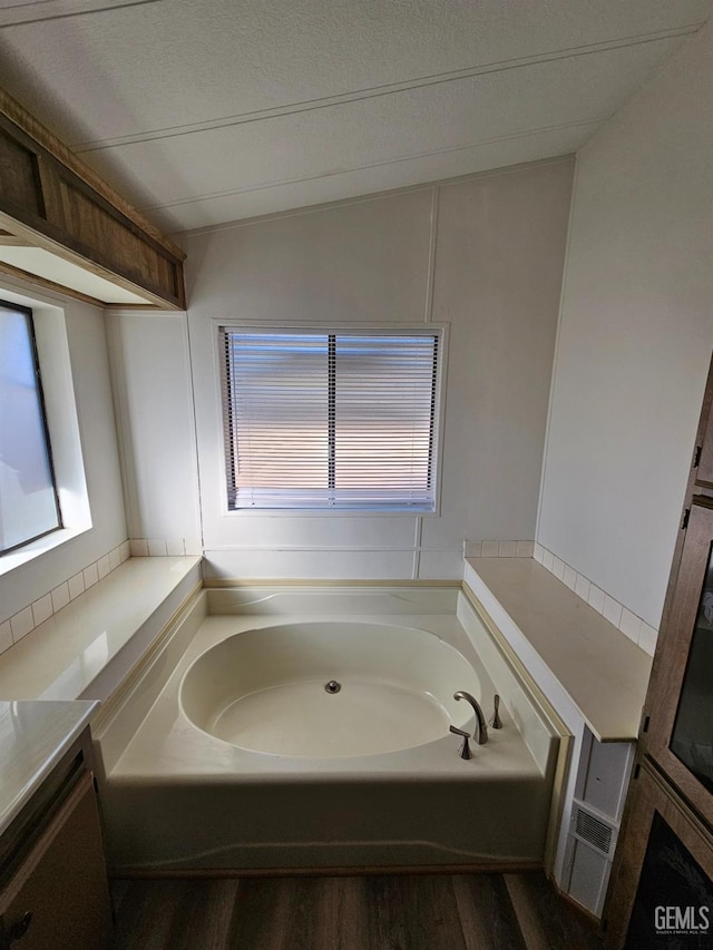 bathroom with a washtub, hardwood / wood-style floors, and vanity