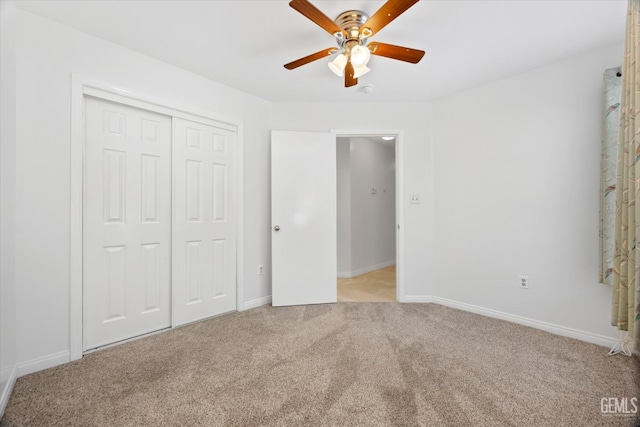 5820 Siena Ln, Bakersfield, CA 93308 - unfurnished bedroom with light carpet, a closet, baseboards, and a ceiling fan