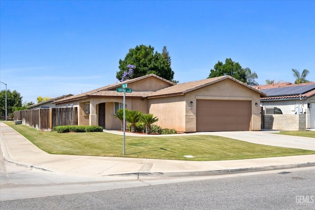 5820 Siena Ln, Bakersfield, CA 93308 - ranch-style house with a garage, stucco siding, concrete driveway, and a tiled roof