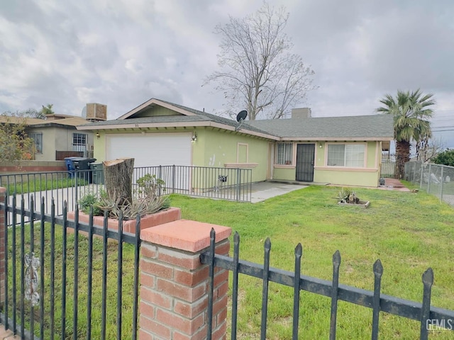 single story home featuring a garage, fence private yard, a front lawn, and stucco siding