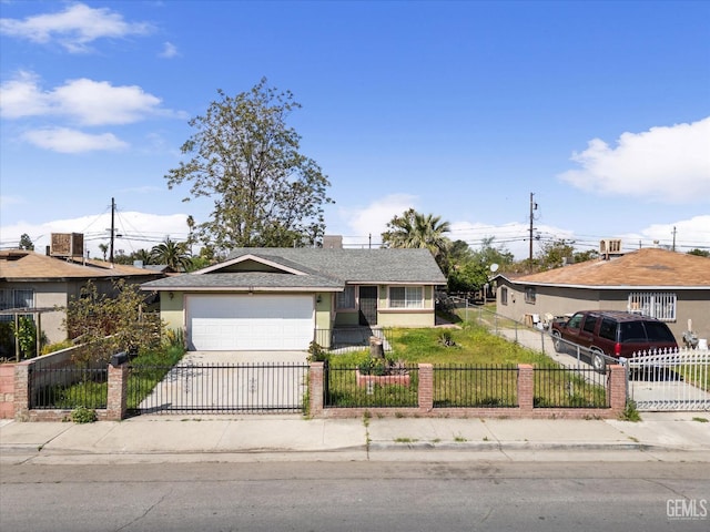 ranch-style house with a fenced front yard, stucco siding, a front yard, a shingled roof, and concrete driveway