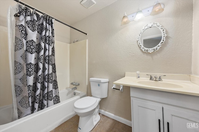 full bath with toilet, shower / tub combo, a textured wall, and visible vents