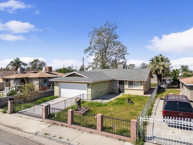ranch-style home featuring concrete driveway, stucco siding, a fenced front yard, a front yard, and a shingled roof