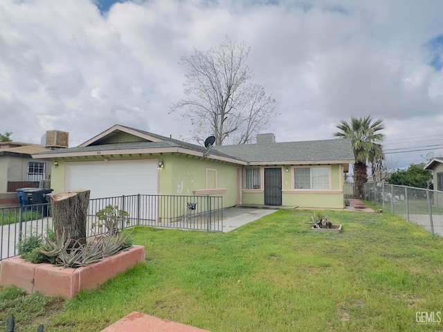 ranch-style home featuring an attached garage, fence, a front lawn, and stucco siding