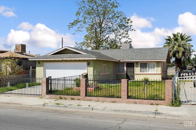 single story home featuring an attached garage, roof with shingles, a fenced front yard, and stucco siding