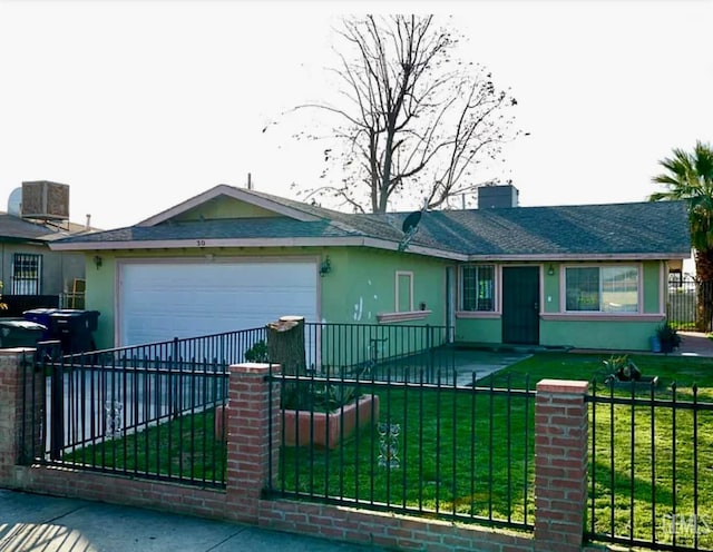 ranch-style house with a garage, a fenced front yard, a front yard, and stucco siding