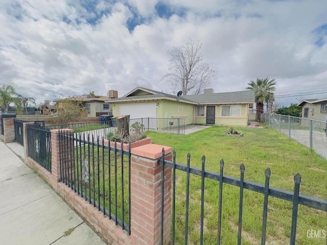 ranch-style home featuring a fenced front yard, a front yard, an attached garage, and stucco siding