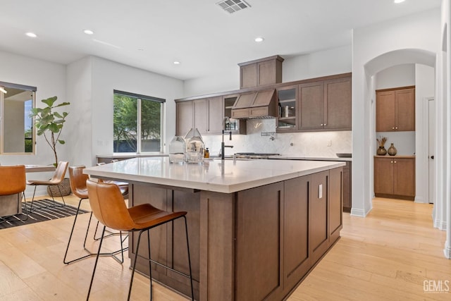 kitchen with premium range hood, light hardwood / wood-style flooring, tasteful backsplash, and an island with sink