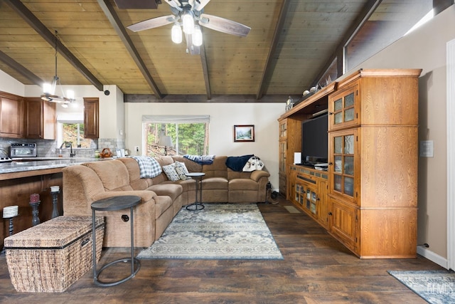 living room featuring sink, vaulted ceiling with beams, ceiling fan, wood ceiling, and dark wood-type flooring