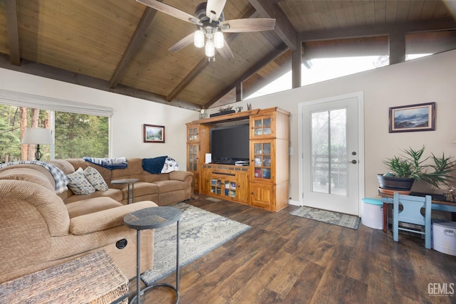 living room featuring vaulted ceiling with beams, wood ceiling, dark hardwood / wood-style floors, and ceiling fan