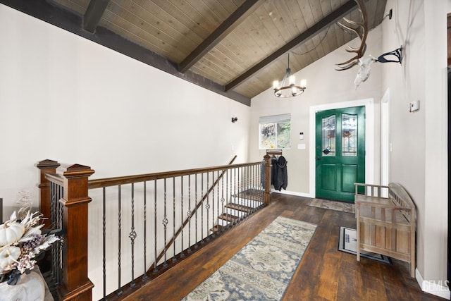 hallway with lofted ceiling with beams, dark wood-type flooring, wood ceiling, and an inviting chandelier