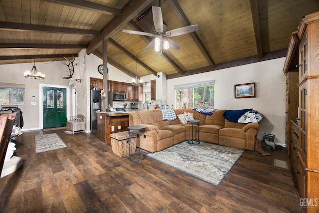 living room featuring ceiling fan with notable chandelier, high vaulted ceiling, beamed ceiling, dark hardwood / wood-style flooring, and wooden ceiling