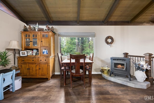 dining room with vaulted ceiling with beams, dark wood-type flooring, wooden ceiling, and a wood stove