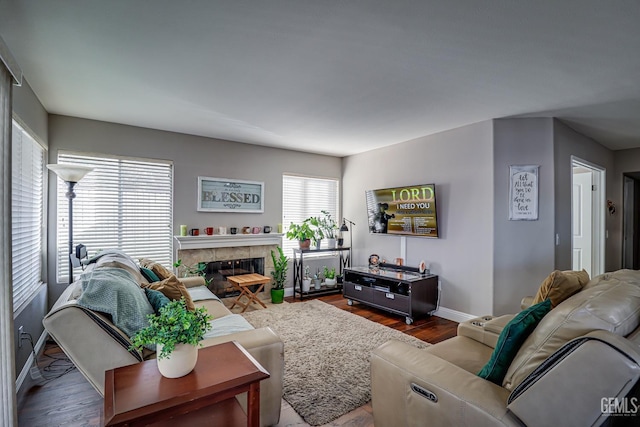 living room featuring a tile fireplace and hardwood / wood-style flooring