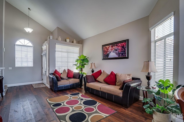 living room with dark hardwood / wood-style flooring and lofted ceiling