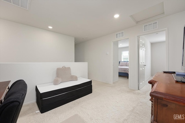 sitting room featuring light carpet