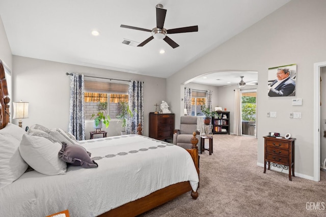 3010 Tea Rose St, Bakersfield, CA 93311 - bedroom with vaulted ceiling, carpet floors, recessed lighting, a ceiling fan, and arched walkways