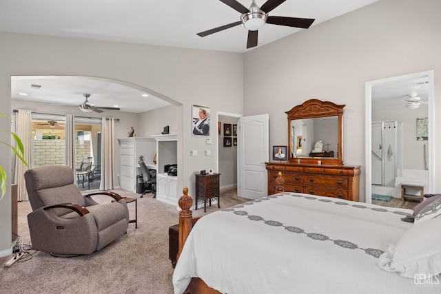 3010 Tea Rose St, Bakersfield, CA 93311 - carpeted bedroom featuring lofted ceiling, access to outside, arched walkways, an office area, and a ceiling fan