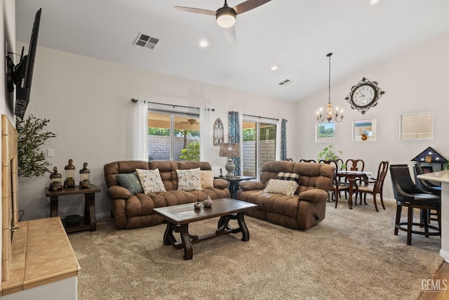 3010 Tea Rose St, Bakersfield, CA 93311 - living room with a chandelier, a ceiling fan, lofted ceiling, recessed lighting, and carpet floors