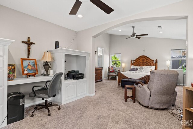 3010 Tea Rose St, Bakersfield, CA 93311 - carpeted bedroom featuring a desk, recessed lighting, arched walkways, lofted ceiling, and ceiling fan