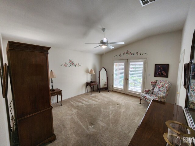 8707 Beau Maison Way, Bakersfield, CA 93311 - sitting room with lofted ceiling, ceiling fan, and light carpet