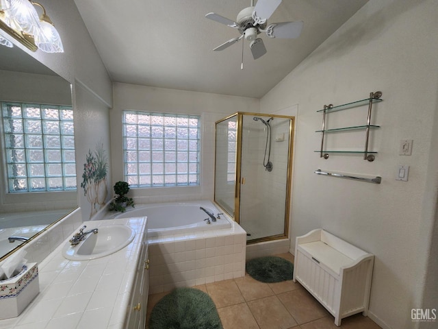 8707 Beau Maison Way, Bakersfield, CA 93311 - full bathroom featuring lofted ceiling, tile patterned flooring, a garden tub, a shower stall, and ceiling fan