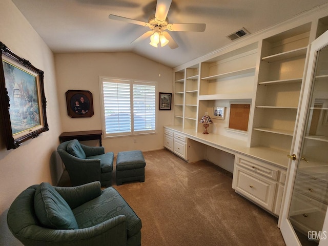 8707 Beau Maison Way, Bakersfield, CA 93311 - carpeted office space with built in study area, a ceiling fan, and lofted ceiling
