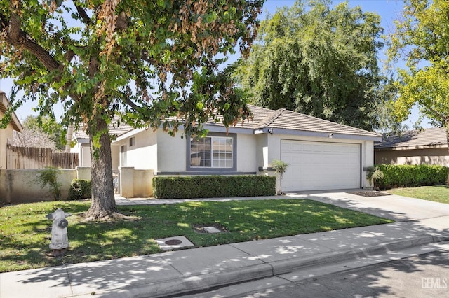 7507 Hidden Bridge Dr, Bakersfield, CA 93313 - ranch-style home featuring an attached garage, stucco siding, concrete driveway, and a tile roof