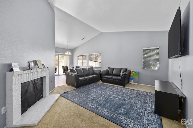 7507 Hidden Bridge Dr, Bakersfield, CA 93313 - carpeted living room featuring vaulted ceiling and a brick fireplace
