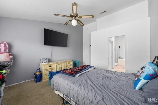 7507 Hidden Bridge Dr, Bakersfield, CA 93313 - carpeted bedroom featuring connected bathroom and ceiling fan
