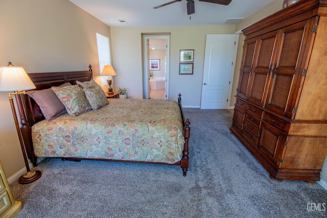 15101 Via Napoli Dr, Bakersfield, CA 93306 - bedroom featuring carpet floors, connected bathroom, and a ceiling fan