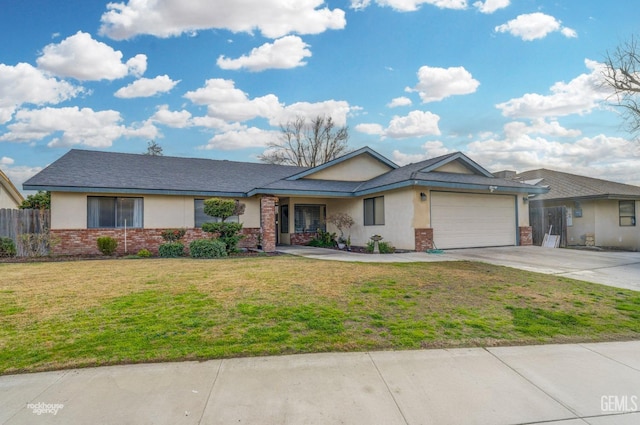 ranch-style home featuring a garage and a front lawn