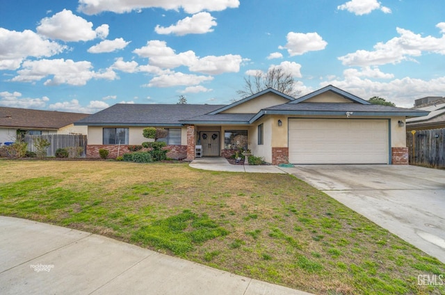 ranch-style house with a garage and a front lawn