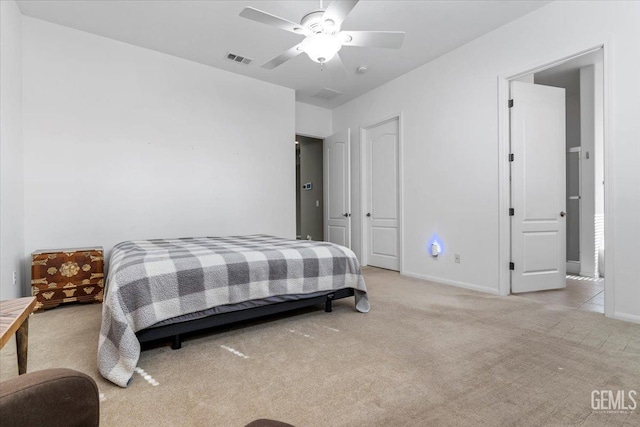 bedroom with light colored carpet and ceiling fan