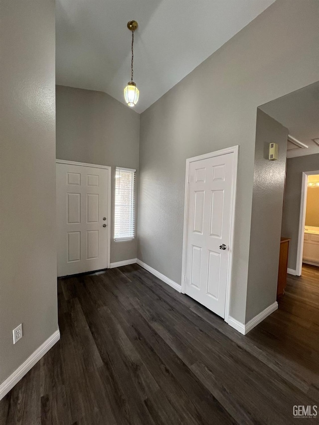 foyer featuring lofted ceiling and dark wood-type flooring