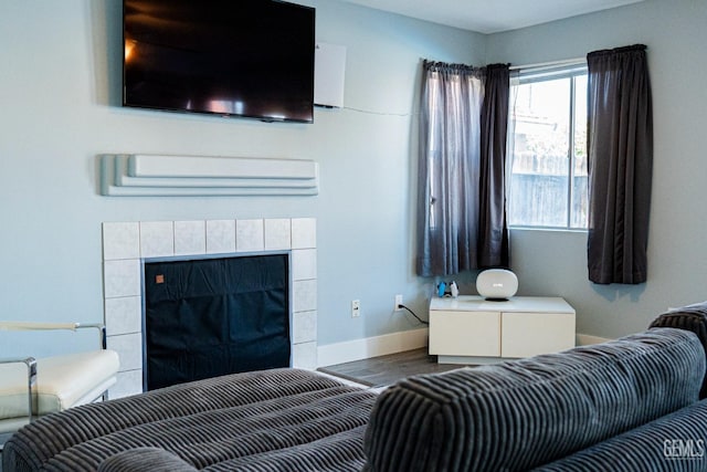 living room with a fireplace