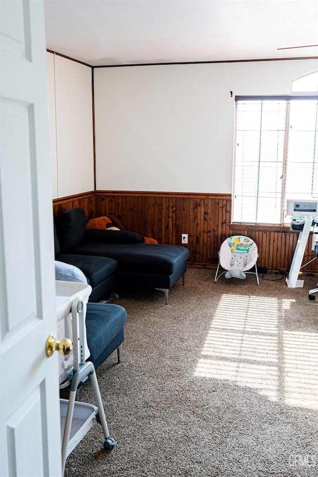 living room featuring carpet flooring and wooden walls