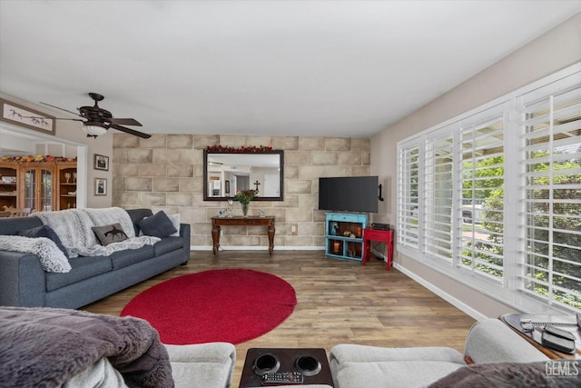 808 La Puente Dr, Bakersfield, CA 93309 - living area featuring ceiling fan, wood finished floors, and baseboards