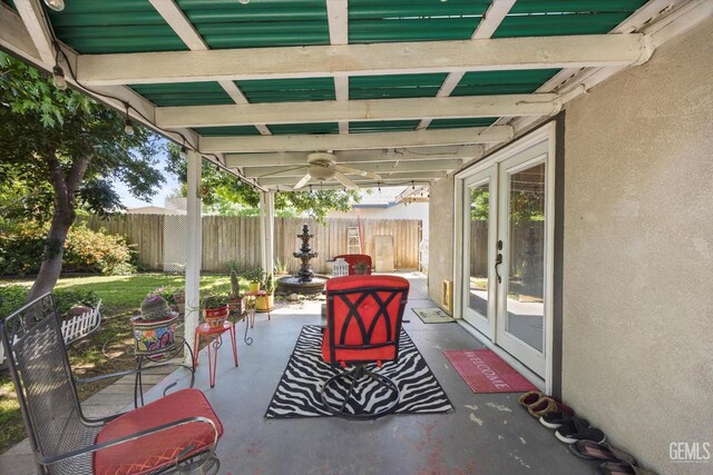 808 La Puente Dr, Bakersfield, CA 93309 - view of patio with french doors, fence, and ceiling fan