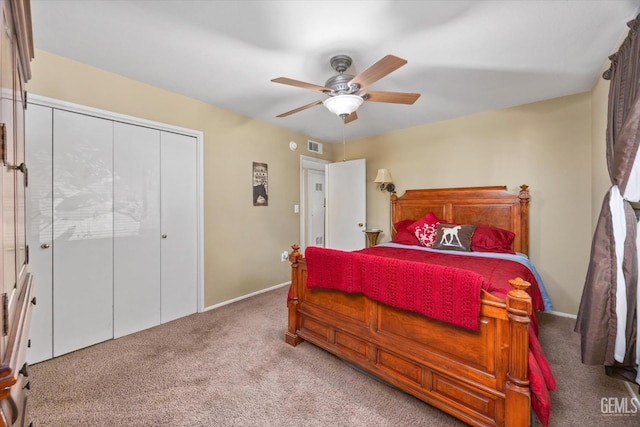 808 La Puente Dr, Bakersfield, CA 93309 - bedroom featuring carpet flooring, baseboards, a closet, and ceiling fan