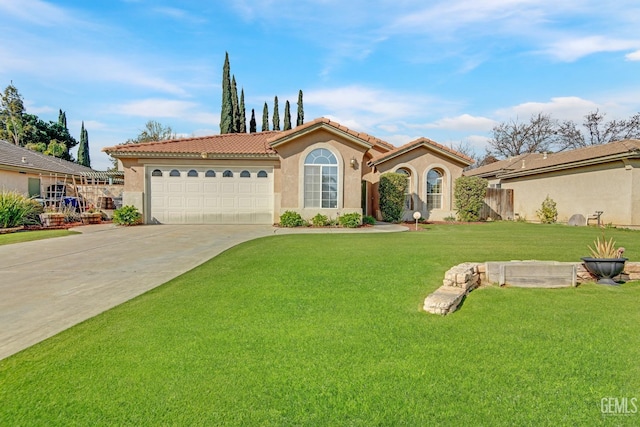 mediterranean / spanish home with driveway, a tile roof, an attached garage, a front yard, and stucco siding