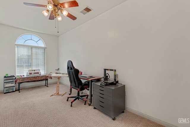 6413 Lavender Gate Dr, Bakersfield, CA 93312 - home office featuring a ceiling fan, light colored carpet, and baseboards