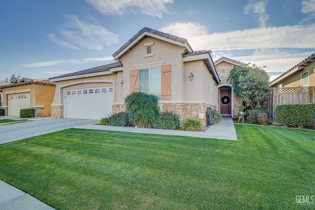 view of front of house with driveway, stone siding, an attached garage, and stucco siding