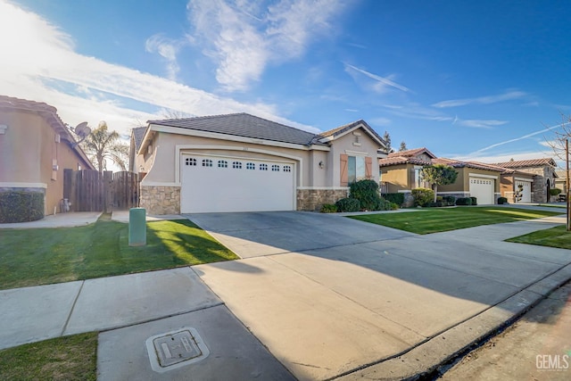 view of front of home with an attached garage, stone siding, concrete driveway, and stucco siding