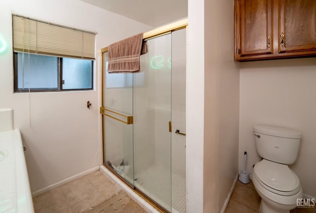 bathroom with tile patterned flooring, vanity, toilet, and walk in shower